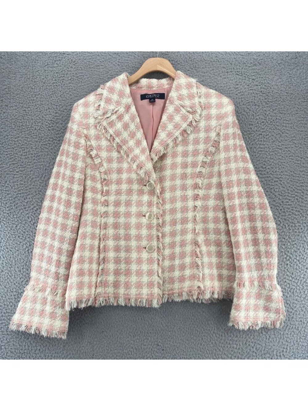 Kasper Blazer Womens 14 Pink Plaid Notch Lapel Fringe Pockets Button Up Jacket